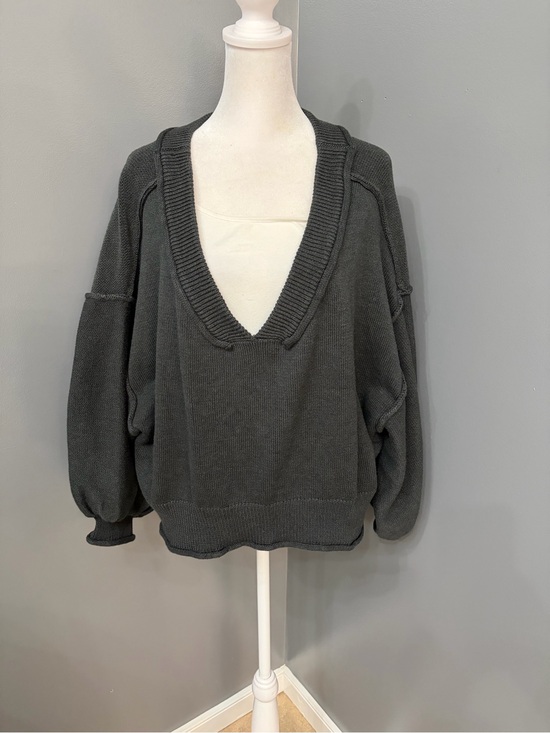 POL Sweaters - POL Charcoal 100% Cotton Knit V-Neck Pullover Sweater Balloon Sleeve Relaxed M